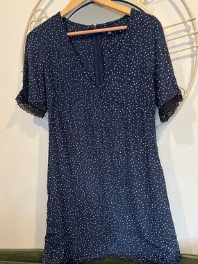 Navy Polka Dot Mini Dress with Lace Sleeve Trim